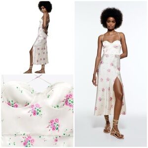 NWT Zara Floral Roses Lace Up Lace Back Satin Effect Hogh Slit Slip Midi Dress S